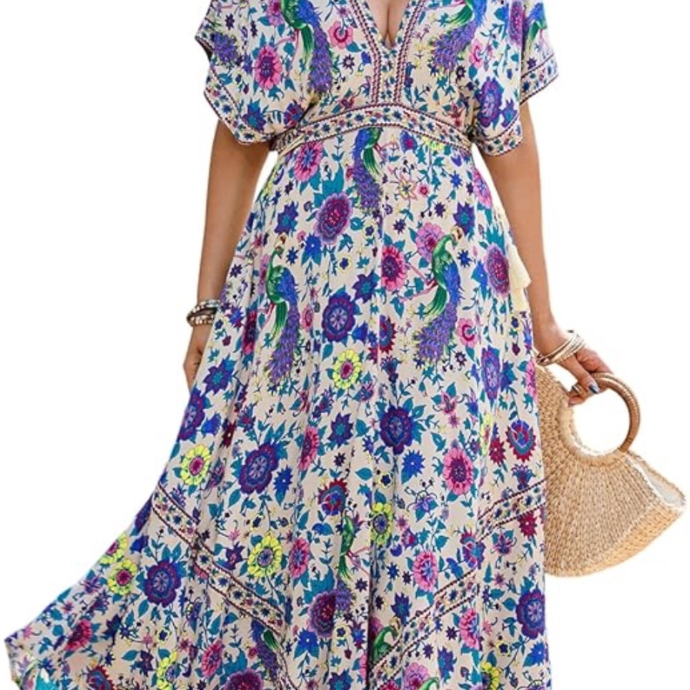 Vibrant Floral Maxi Dress with Peacock Motif
